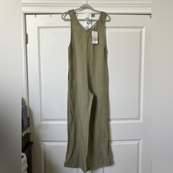 Zara  Linen Sage Green Jumpsuit Bib Overalls - Picture 3 of 15